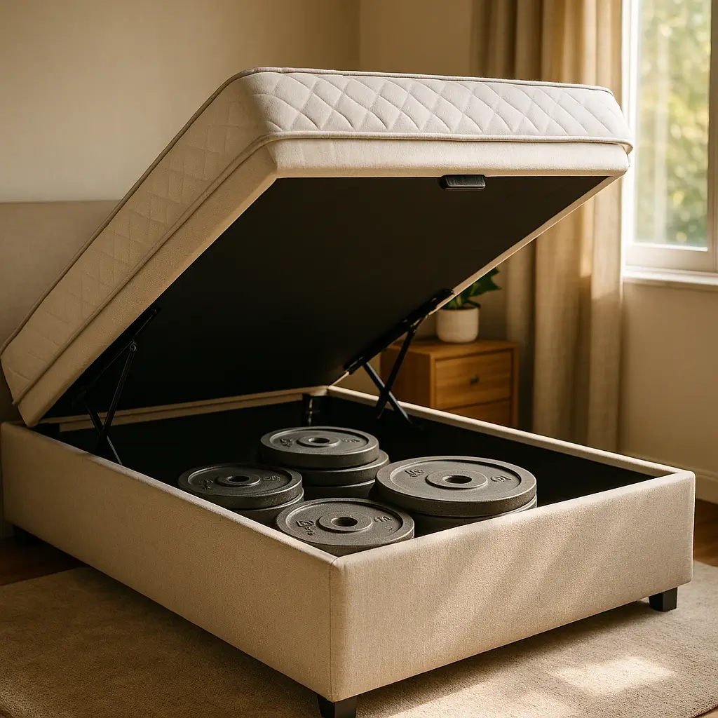 Cama box baú quantos kg aguenta: tabela por tamanho, baú aberto com anilhas de ferro