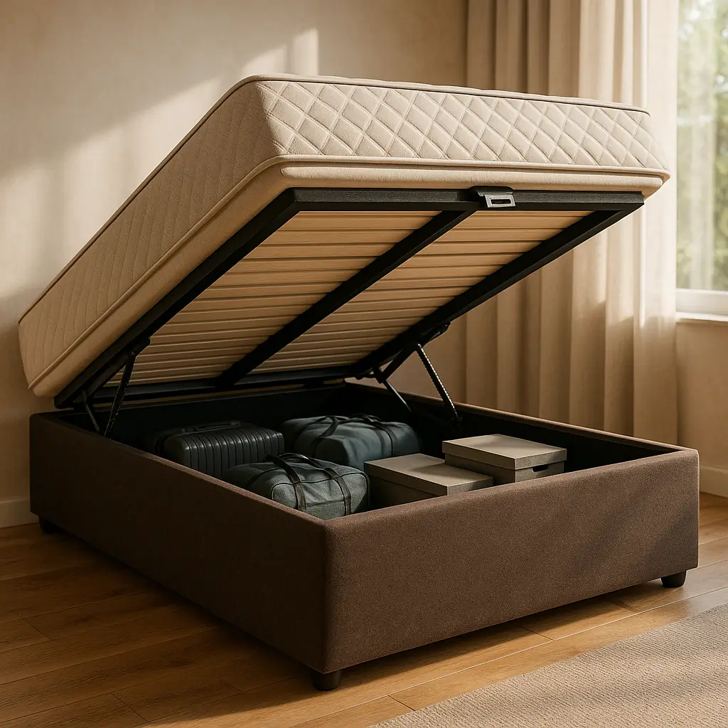 Cama box baú quantos kg aguenta: tabela por tamanho, baú aberto com malas e caixas