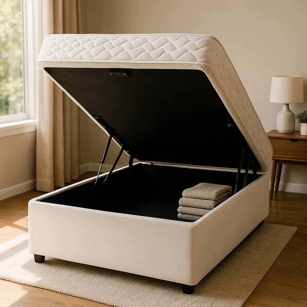 Cama box baú quantos kg aguenta: tabela por tamanho, cama box baú aberta com toalhas dobradas