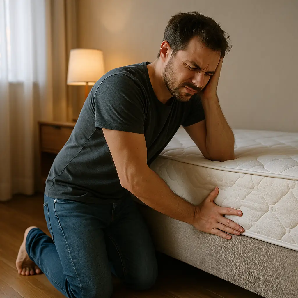 Cama box rangendo: como acabar com o barulho; homem ajoelhado segurando o colchão e cobrindo o ouvido