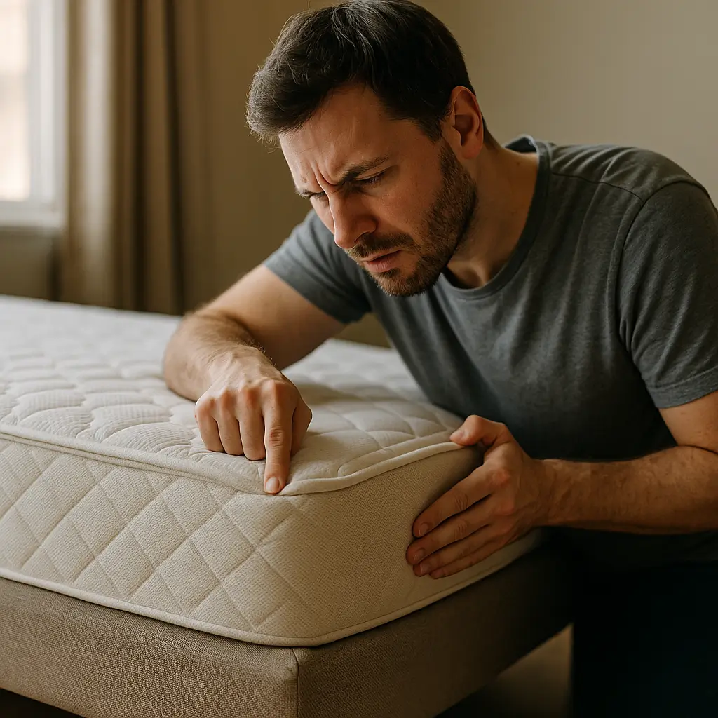 Cama box rangendo: como acabar com o barulho; homem pressionando o colchão na borda da base