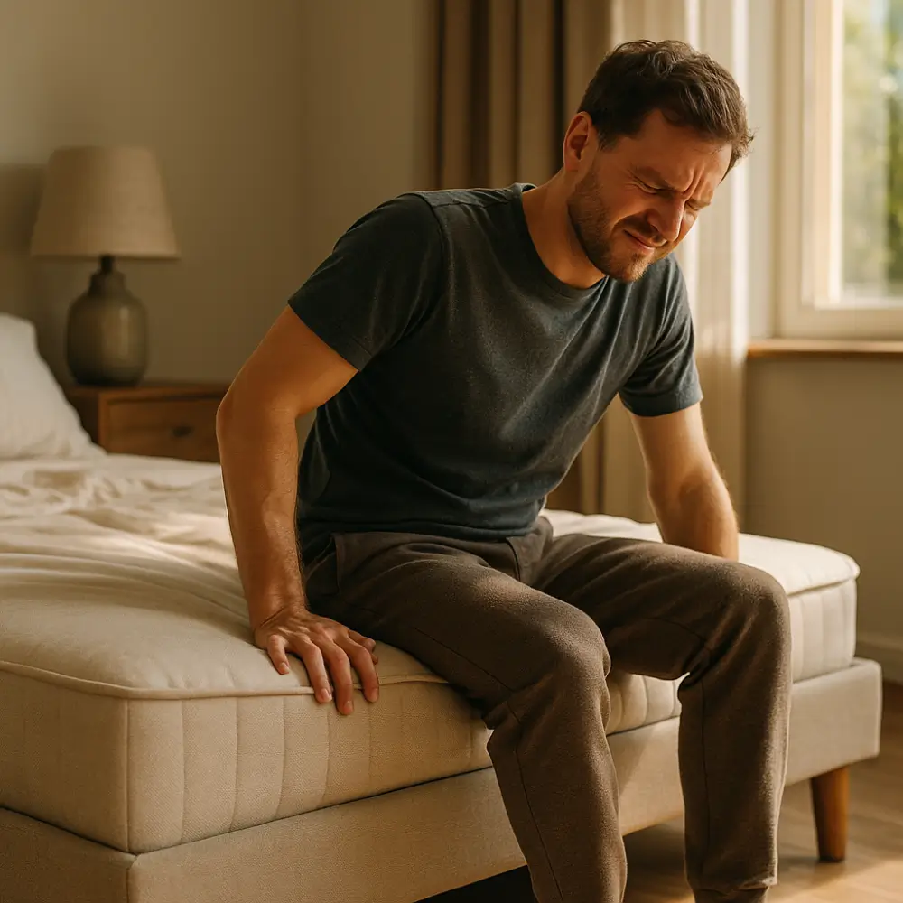 Cama box rangendo: como acabar com o barulho; homem sentado na cama box com incômodo