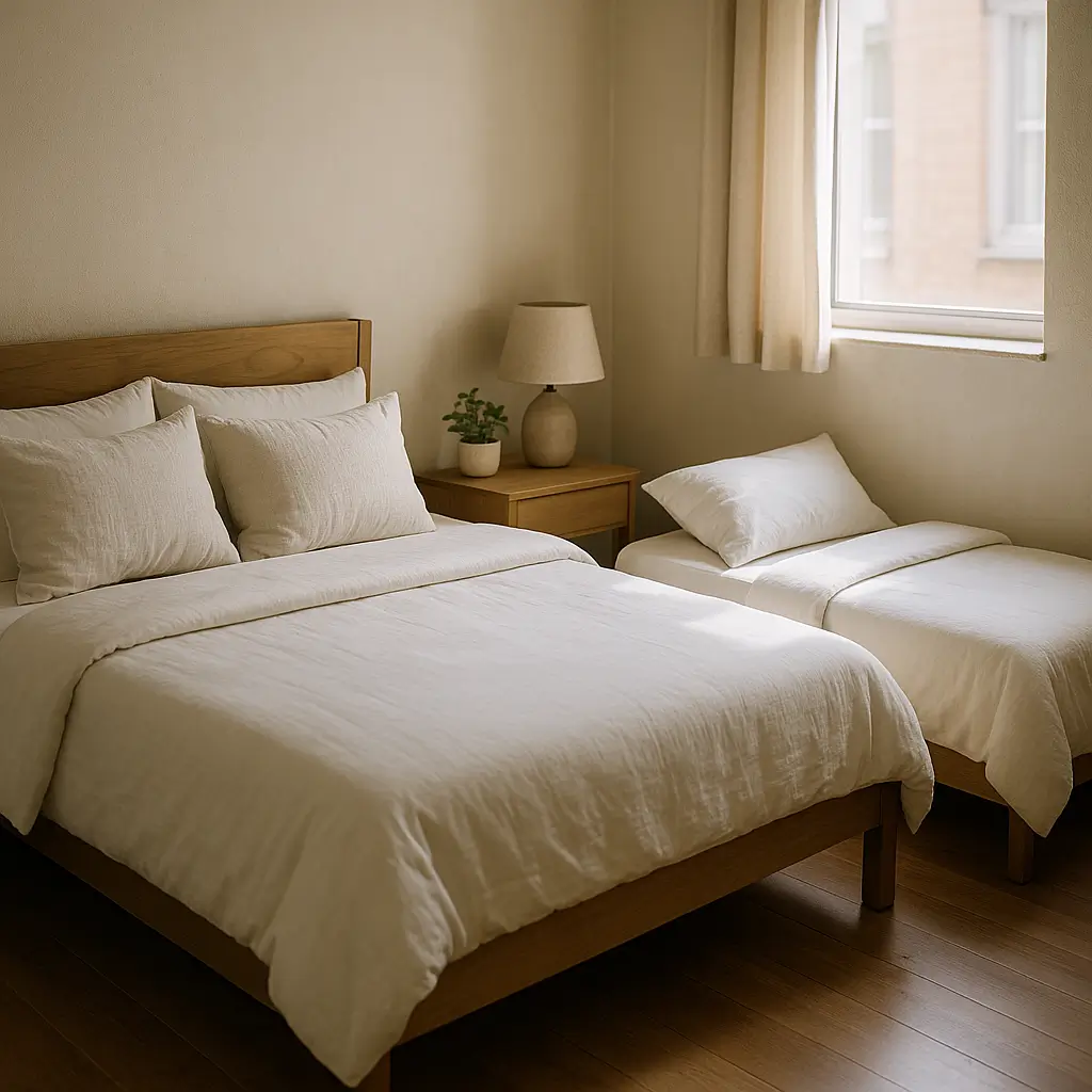 Cama queen ou casal: qual cabe no quarto pequeno; cama grande e cama menor lado a lado, mesa com abajur e planta, janela