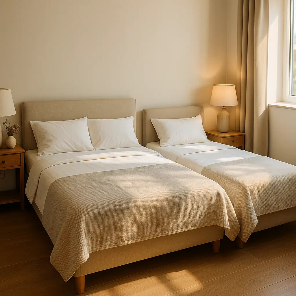 Cama queen ou casal: qual cabe no quarto pequeno; duas camas bege lado a lado com mesas e abajures, quarto compacto iluminado