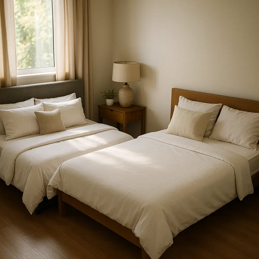 Cama queen ou casal: qual cabe no quarto pequeno; duas camas lado a lado em quarto compacto com mesa de cabeceira e cortinas bege