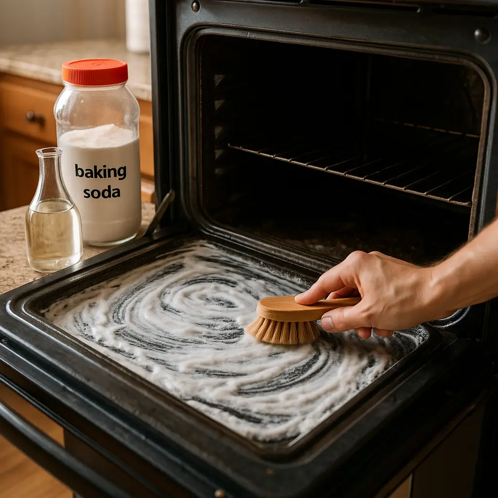 Como limpar forno do fogão: passo a passo rápido com escova, bicarbonato e vinagre na porta aberta