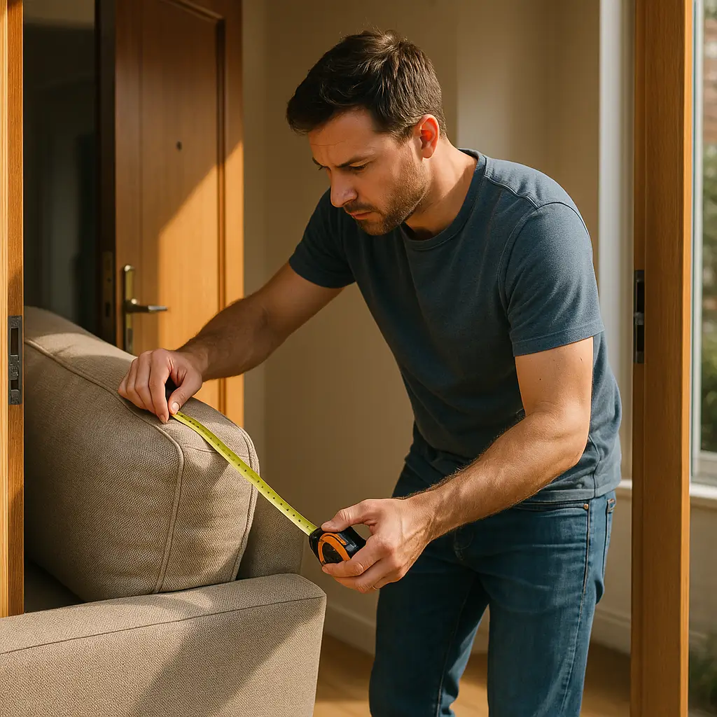 Como medir portas para subir sofá e guarda-roupa, fita métrica no sofá junto à porta aberta