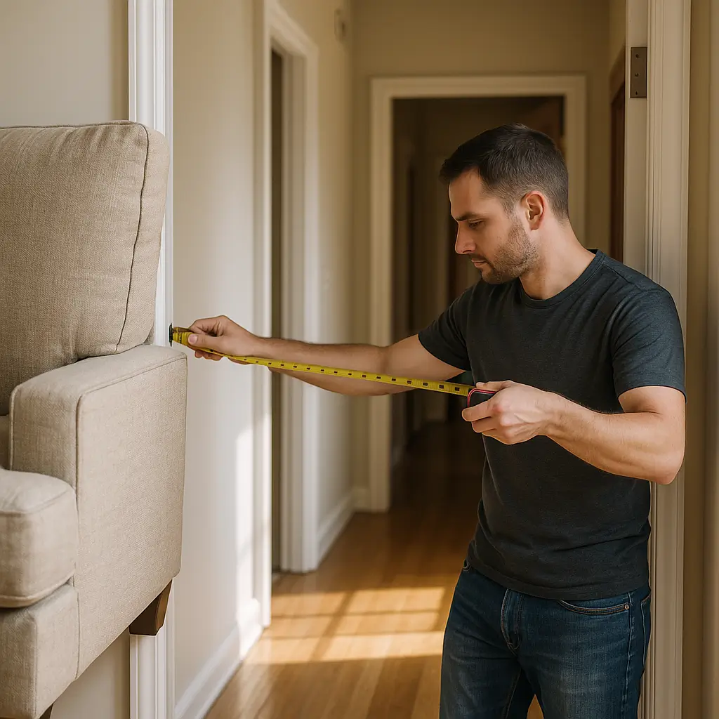 Como medir portas para subir sofá e guarda-roupa, fita métrica no vão da porta com sofá apoiado