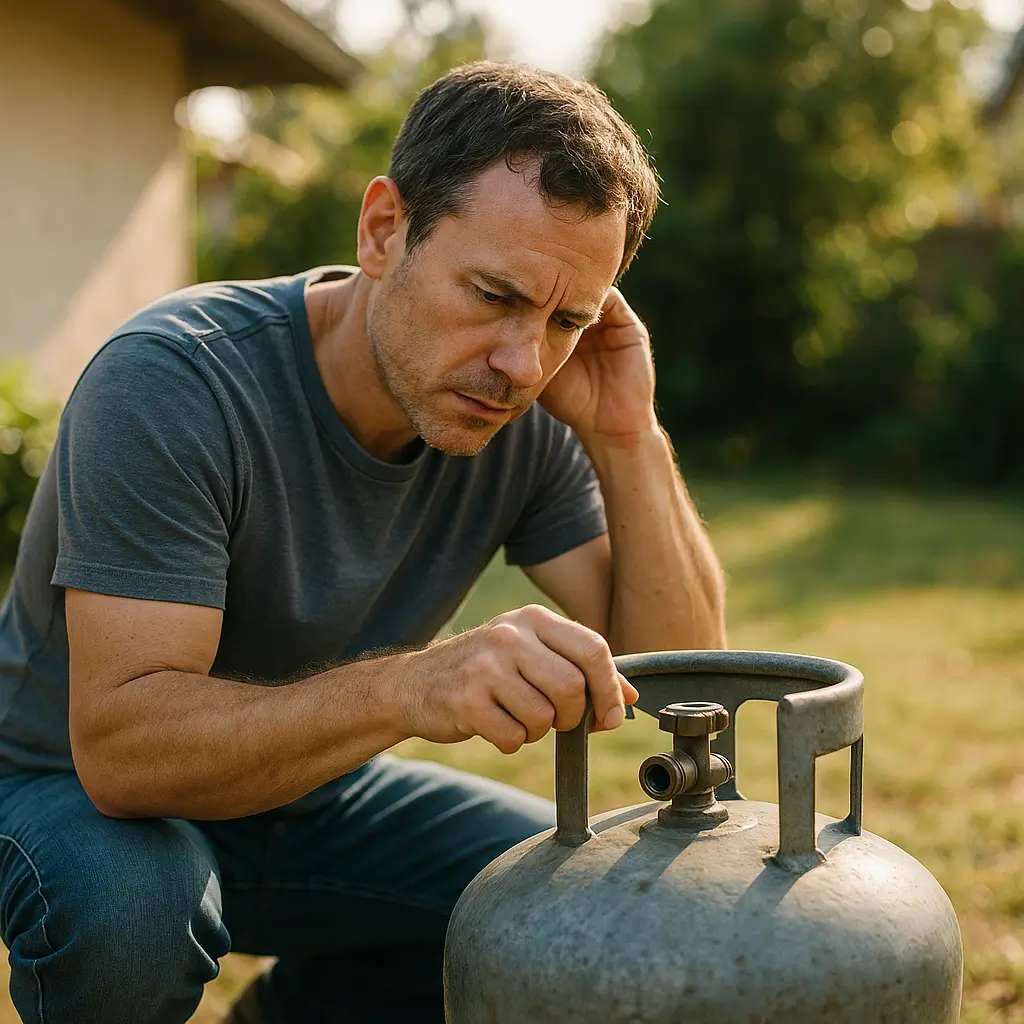Como saber se o botijão de gás está acabando sem balança, homem conferindo válvula do botijão no quintal