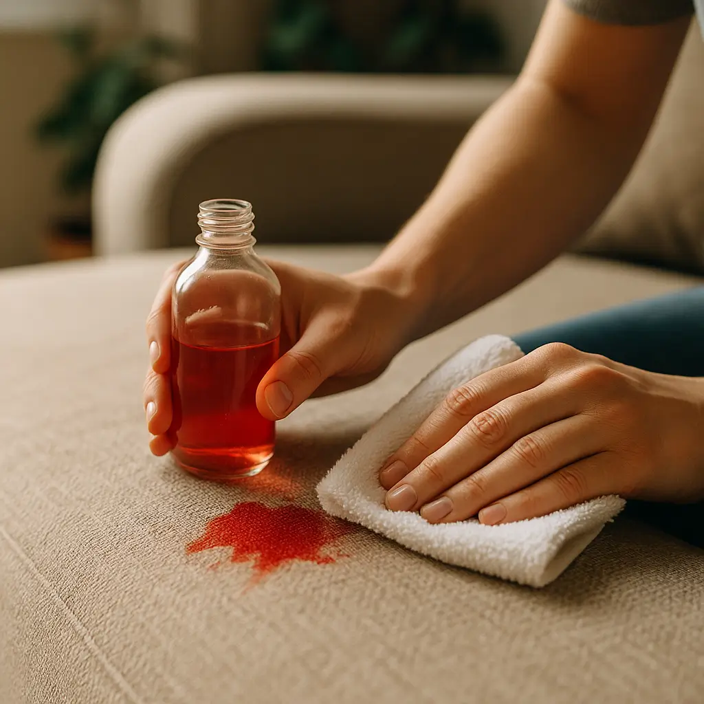 Como tirar esmalte do sofá de tecido e couro, frasco com produto e pano limpando mancha vermelha em sofá bege