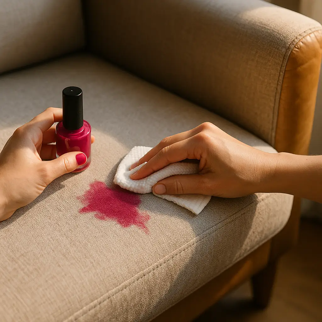 Como tirar esmalte do sofá de tecido e couro, pano limpando mancha rosa em sofá bege