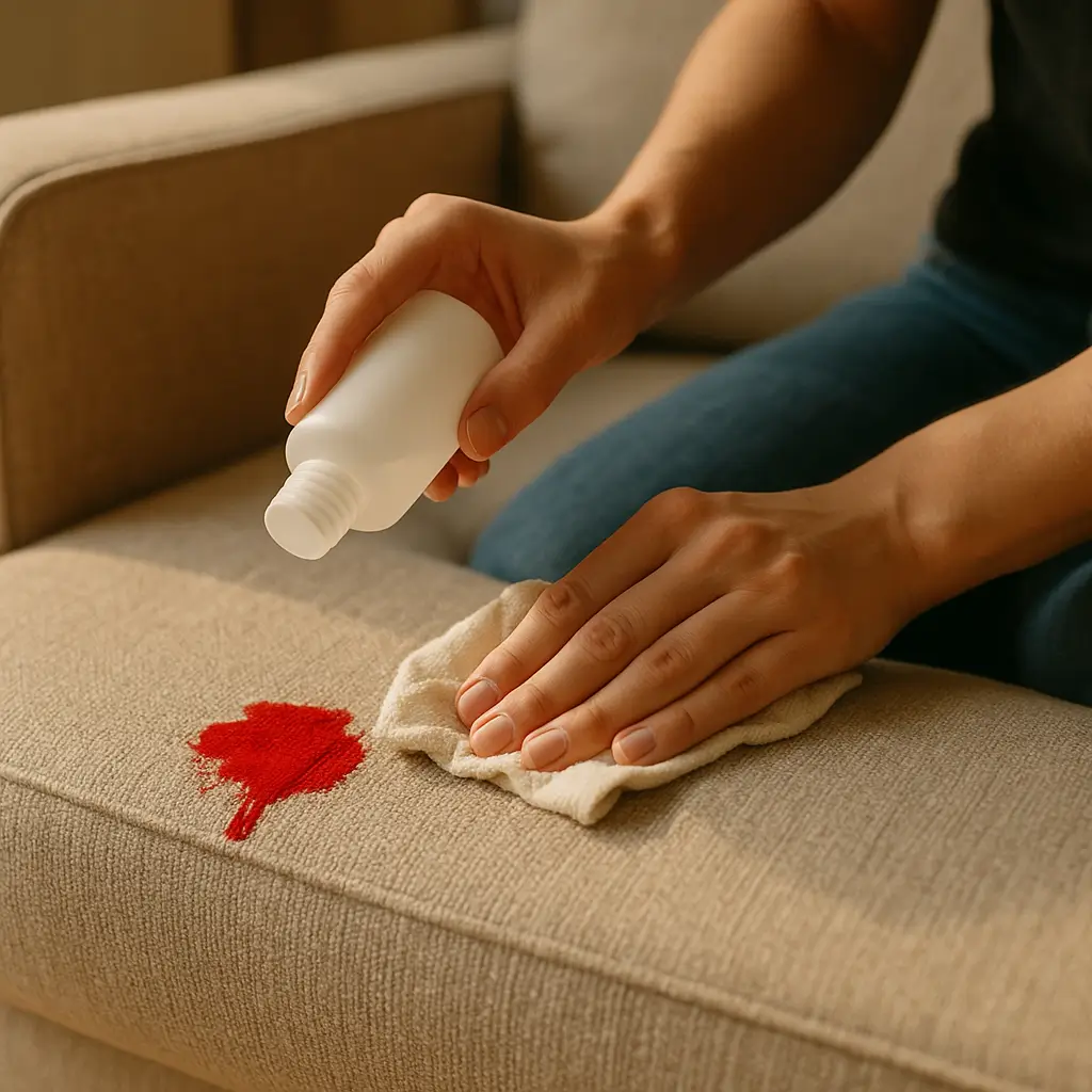 Como tirar esmalte do sofá de tecido e couro, removedor e pano limpando mancha vermelha no sofá bege