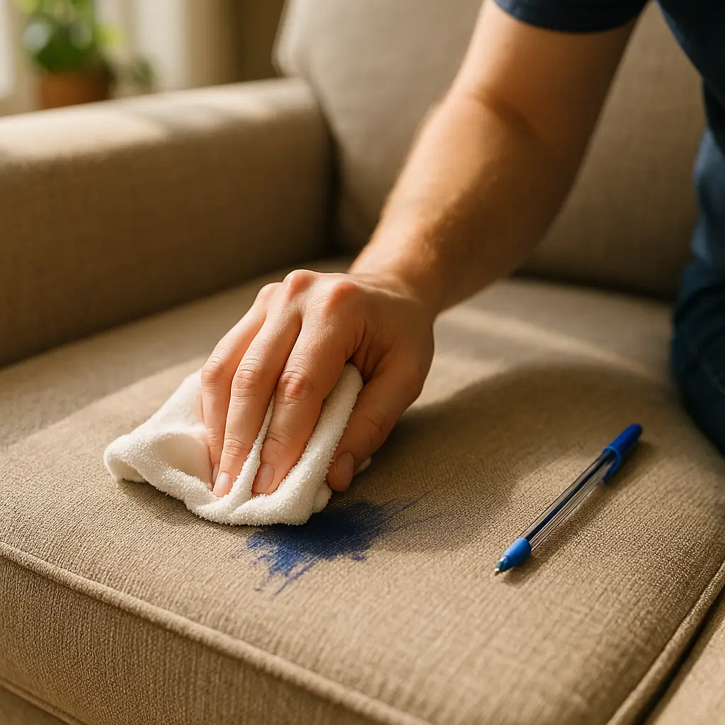 Como tirar mancha de caneta do sofá sem estragar o tecido, mão com pano branco absorvendo mancha de tinta azul em sofá bege, caneta ao lado