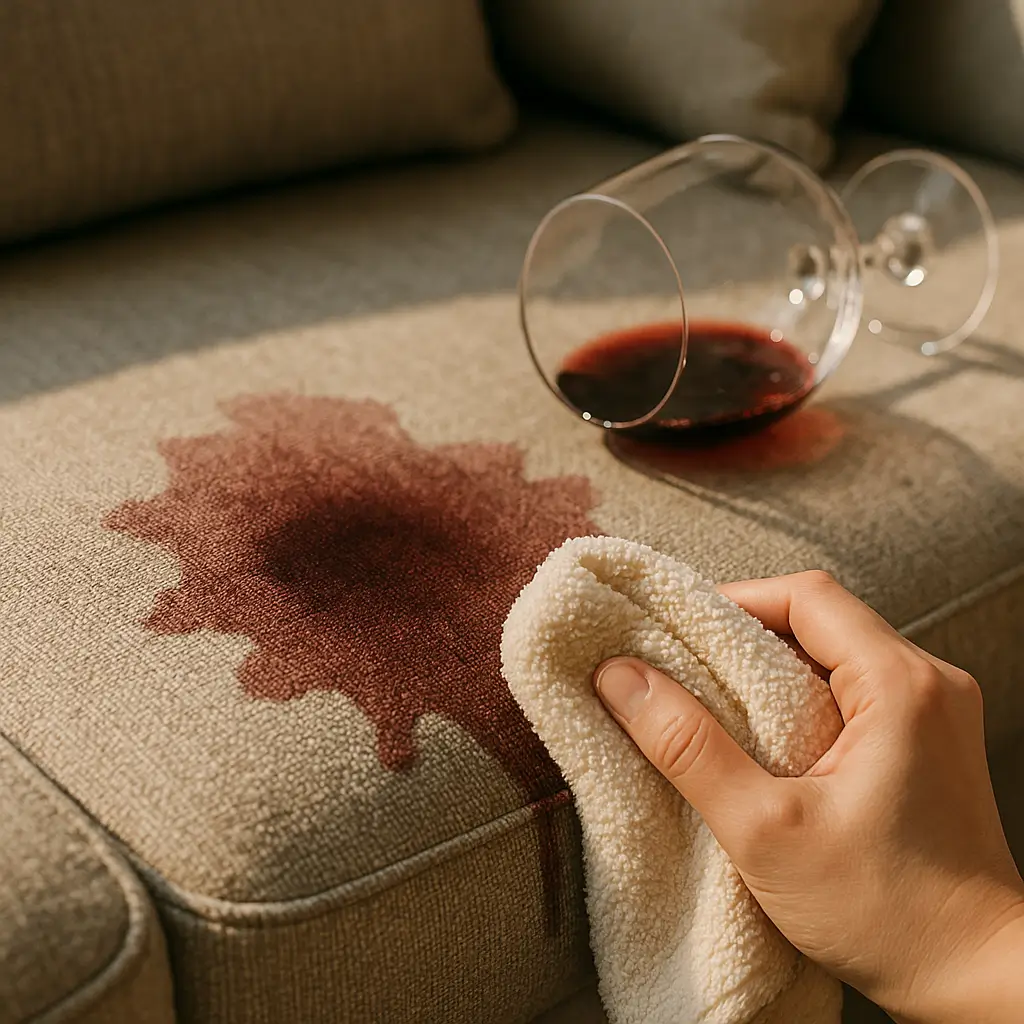 Como tirar mancha de vinho do sofá: passo a passo, mão com pano absorvendo mancha em sofá bege, taça tombada com vinho