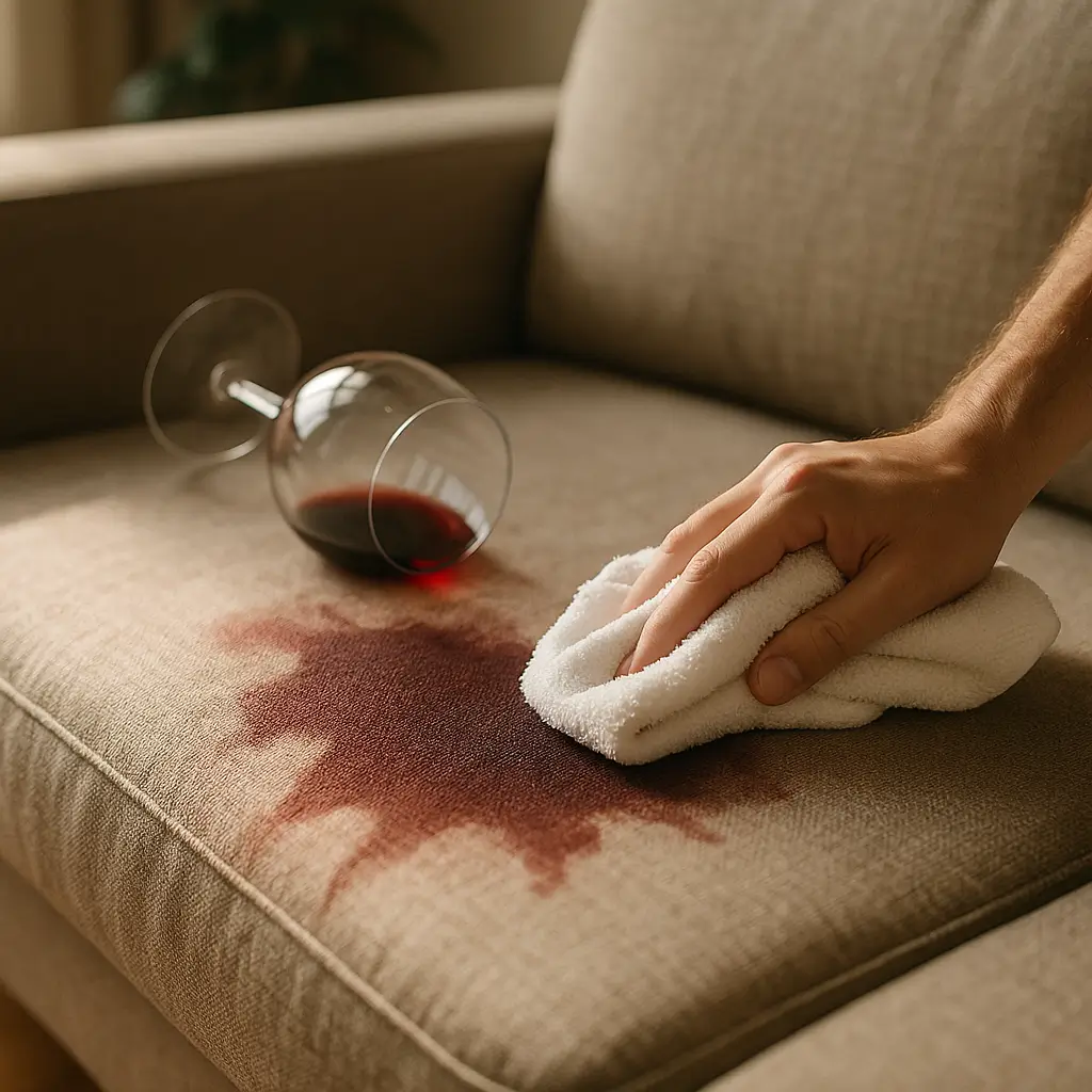 Como tirar mancha de vinho do sofá: passo a passo, mão pressionando pano branco sobre mancha, taça tombada com vinho