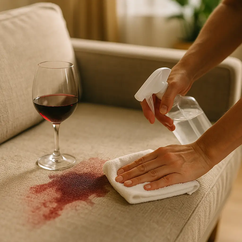 Como tirar mancha de vinho do sofá: passo a passo, mão pressionando pano e borrifando solução sobre mancha, taça de vinho ao lado