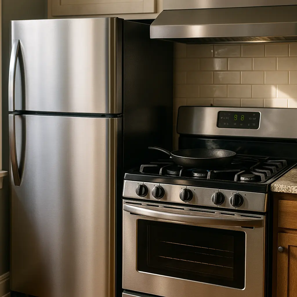 Distância entre geladeira e fogão: qual a mínima? Geladeira inox ao lado de fogão com frigideira