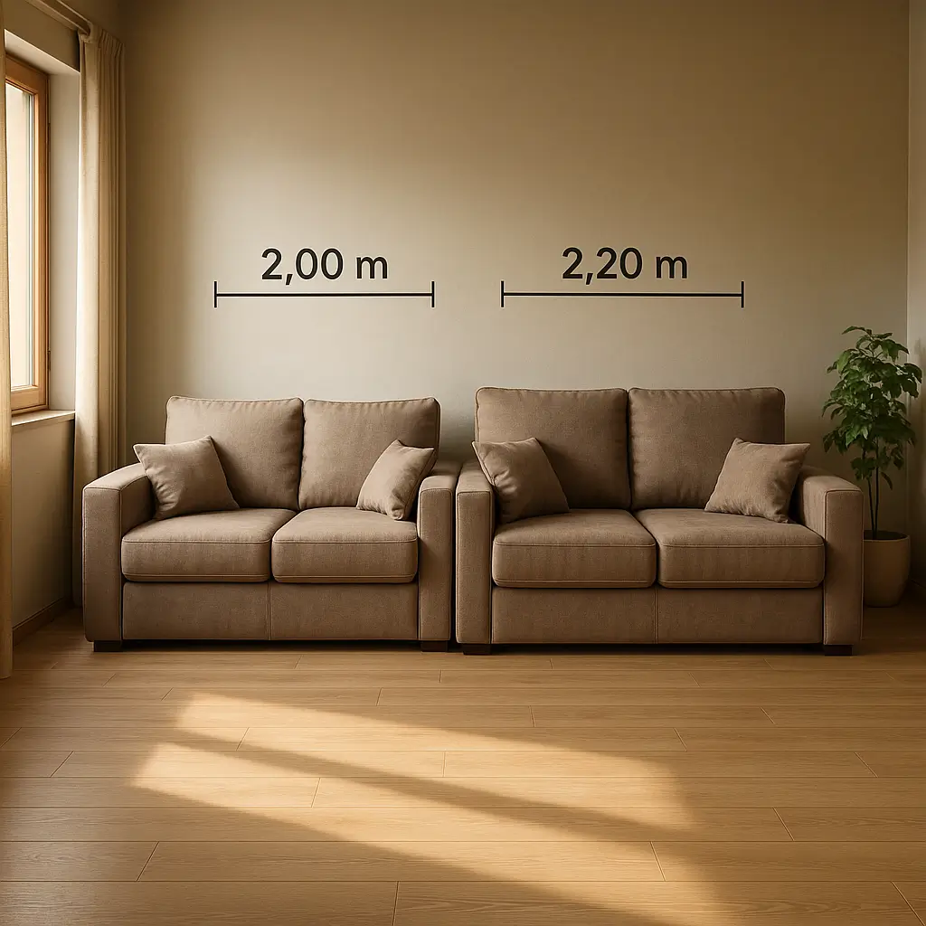 Dois sofás bege lado a lado, 2,00 m e 2,20 m; Sofá retrátil 2,00 m vs 2,20 m: qual cabe na sala 3x3?