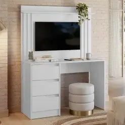 Escrivaninha Doble 3 Gavetas Com Painel Para TV Ate 42 Polegadas Ripado Albatroz Branco