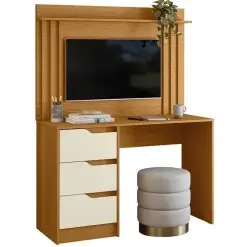 Escrivaninha Doble 3 Gavetas Com Painel Para TV Ate 42 Polegadas Ripado Albatroz Cinamomo Off White