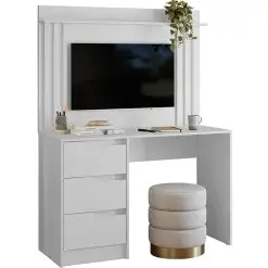 Escrivaninha Doble 3 Gavetas Com Painel Para TV Ate 42 Polegadas Ripado Branco