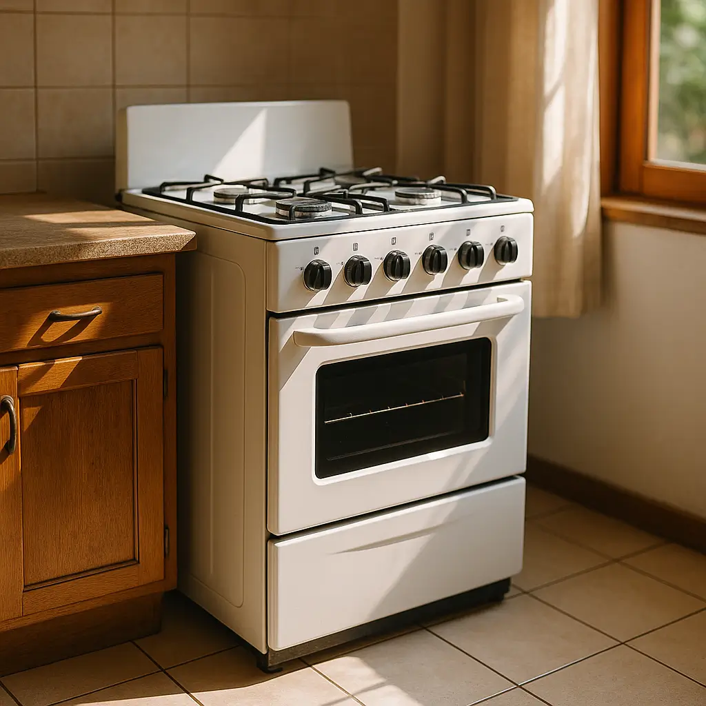 Fogão 4 bocas barato: como escolher sem errar em 2025, fogão branco com forno ao lado de armário de madeira na cozinha