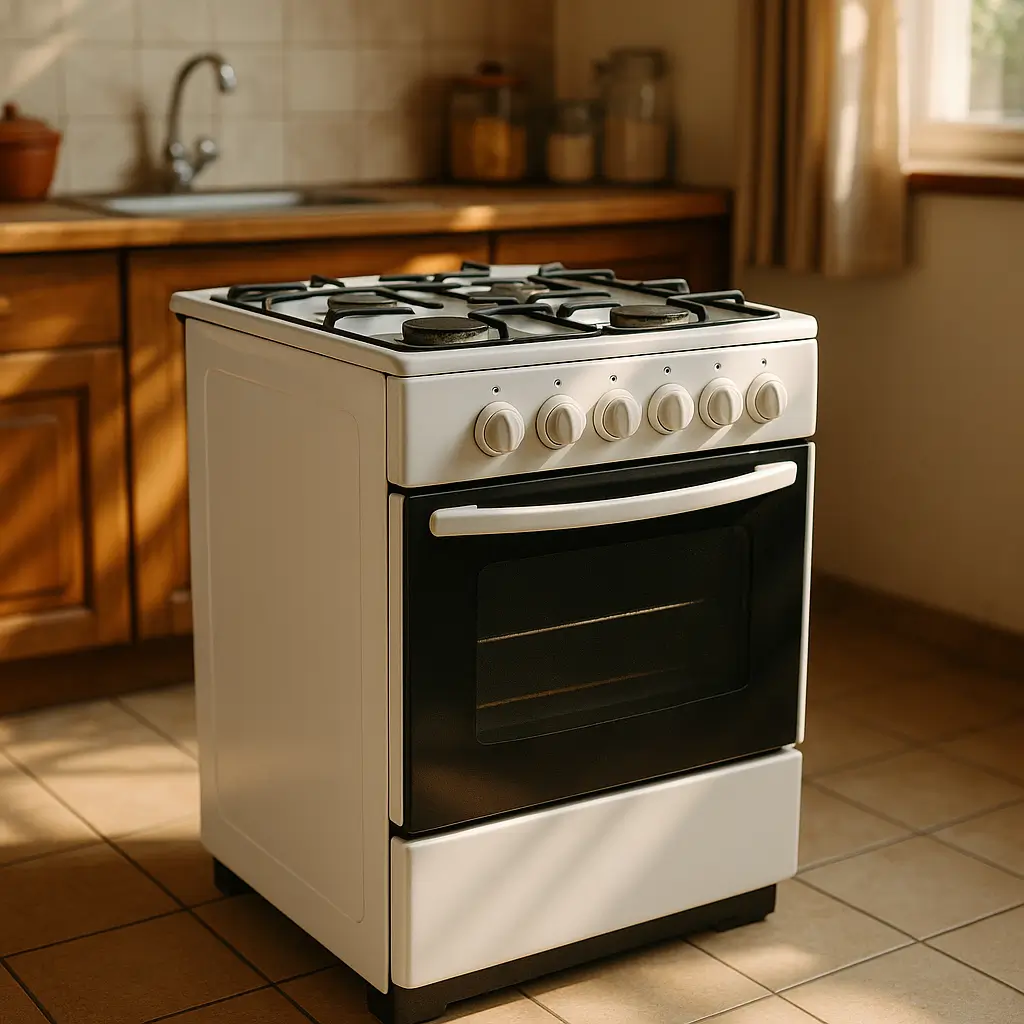 Fogão 4 bocas barato: como escolher sem errar em 2025, fogão branco com forno na cozinha, bancada e pia ao fundo