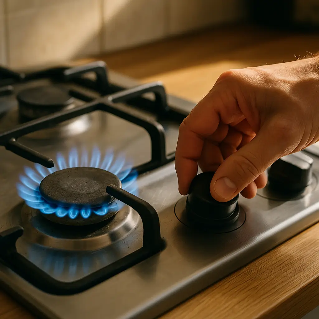 Fogão apaga quando solta o botão: como resolver, mão girando botão com chama azul