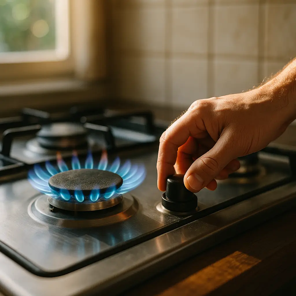 Fogão apaga quando solta o botão: como resolver, mão girando botão com chama azul no queimador