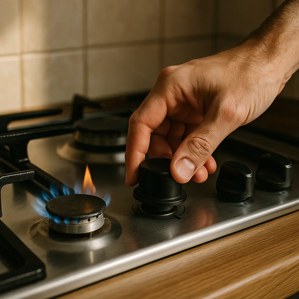 Fogão apaga quando solta o botão: como resolver, mão girando botão do fogão a gás com chama acesa