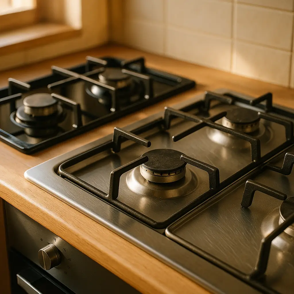 Fogão de vidro ou inox: qual dura mais e risca menos; cooktop inox e vidro lado a lado