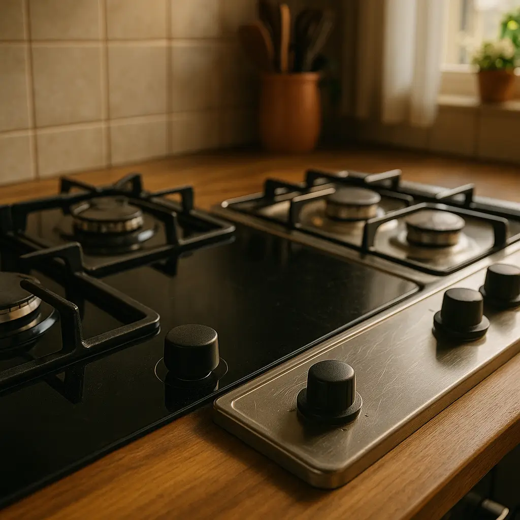 Fogão de vidro ou inox: qual dura mais e risca menos; cooktops vidro preto e inox lado a lado
