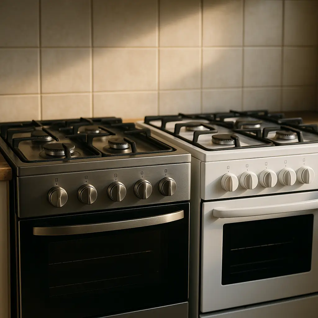 Fogão inox ou branco: qual risca menos e limpa fácil; dois fogões lado a lado, inox e branco