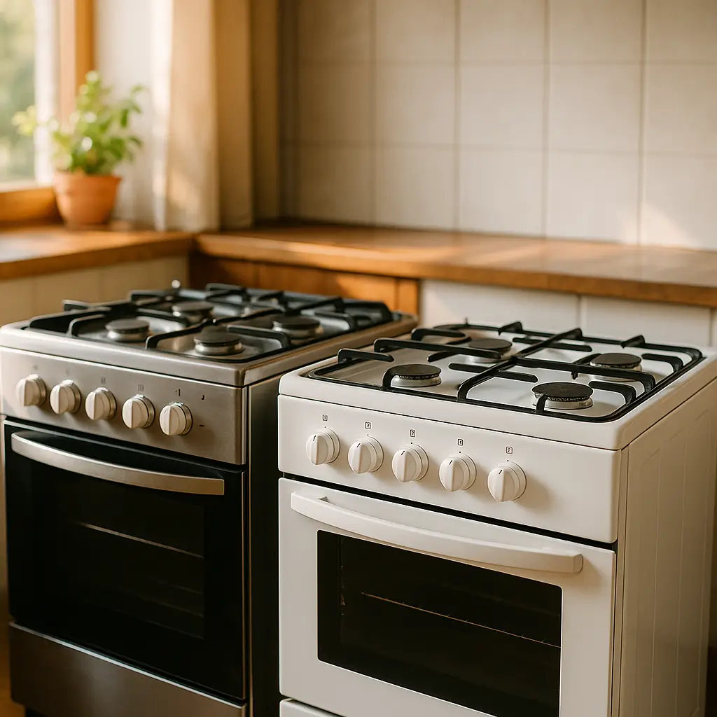 Fogão inox ou branco: qual risca menos e limpa fácil; fogões inox e branco lado a lado na cozinha