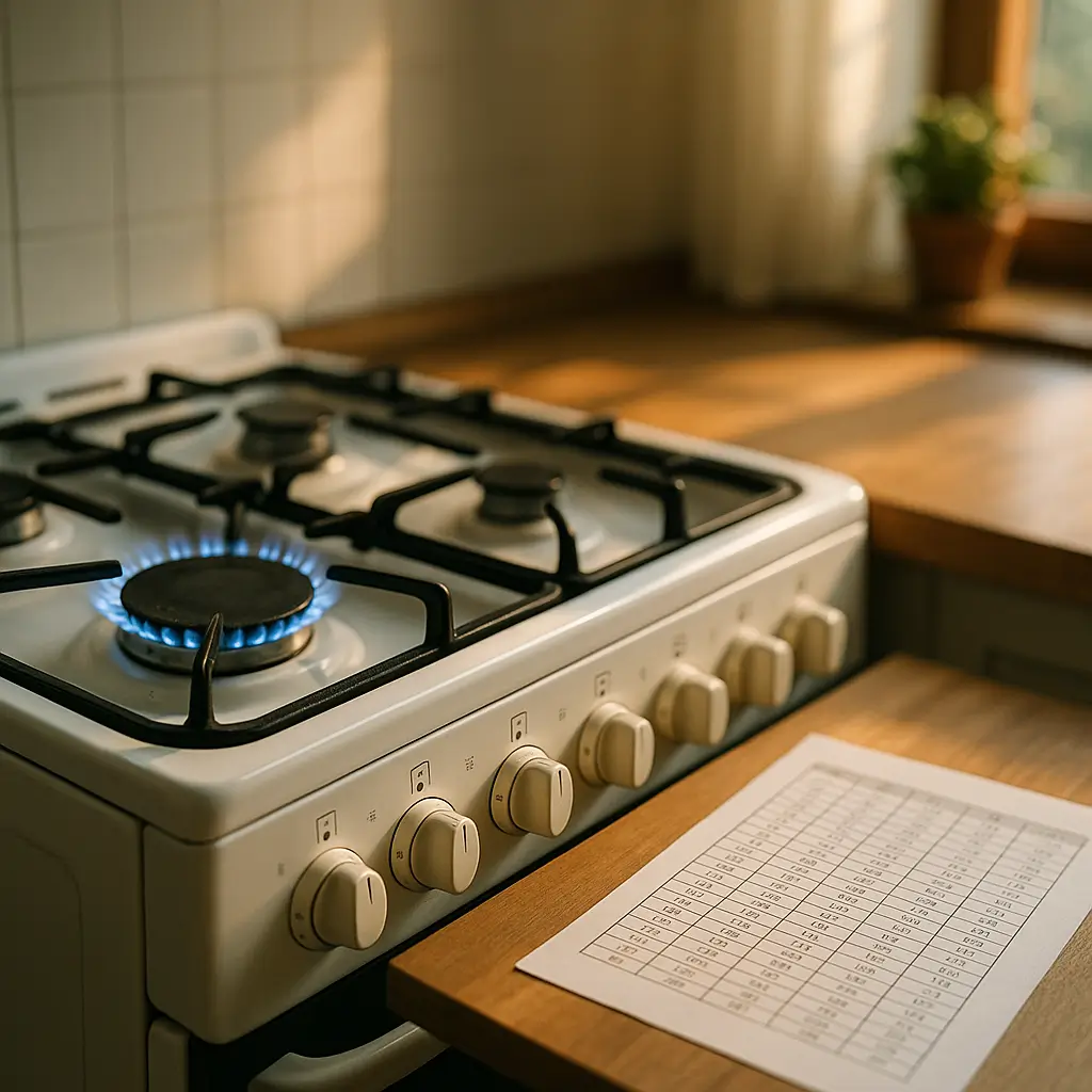 Fogão mais econômico: como escolher e gastar menos gás, chama azul no queimador, botões brancos e tabela na bancada