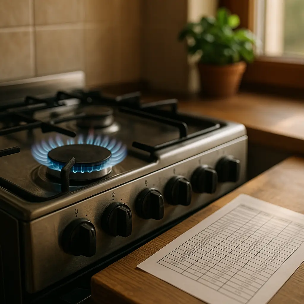 Fogão mais econômico: como escolher e gastar menos gás, chama azul no queimador, botões frontais e tabela de consumo na bancada