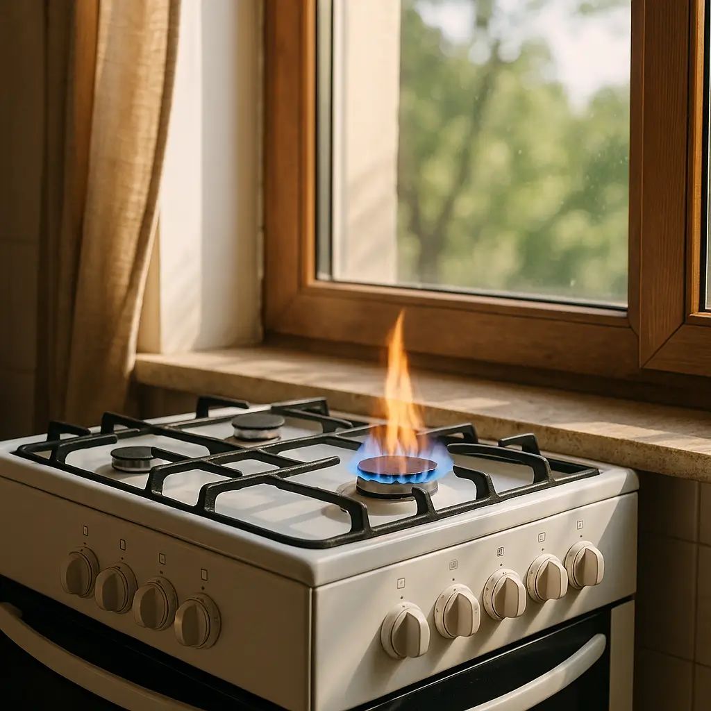 Fogão perto da janela: distância segura e riscos, chama azul alta ao lado de janela de madeira