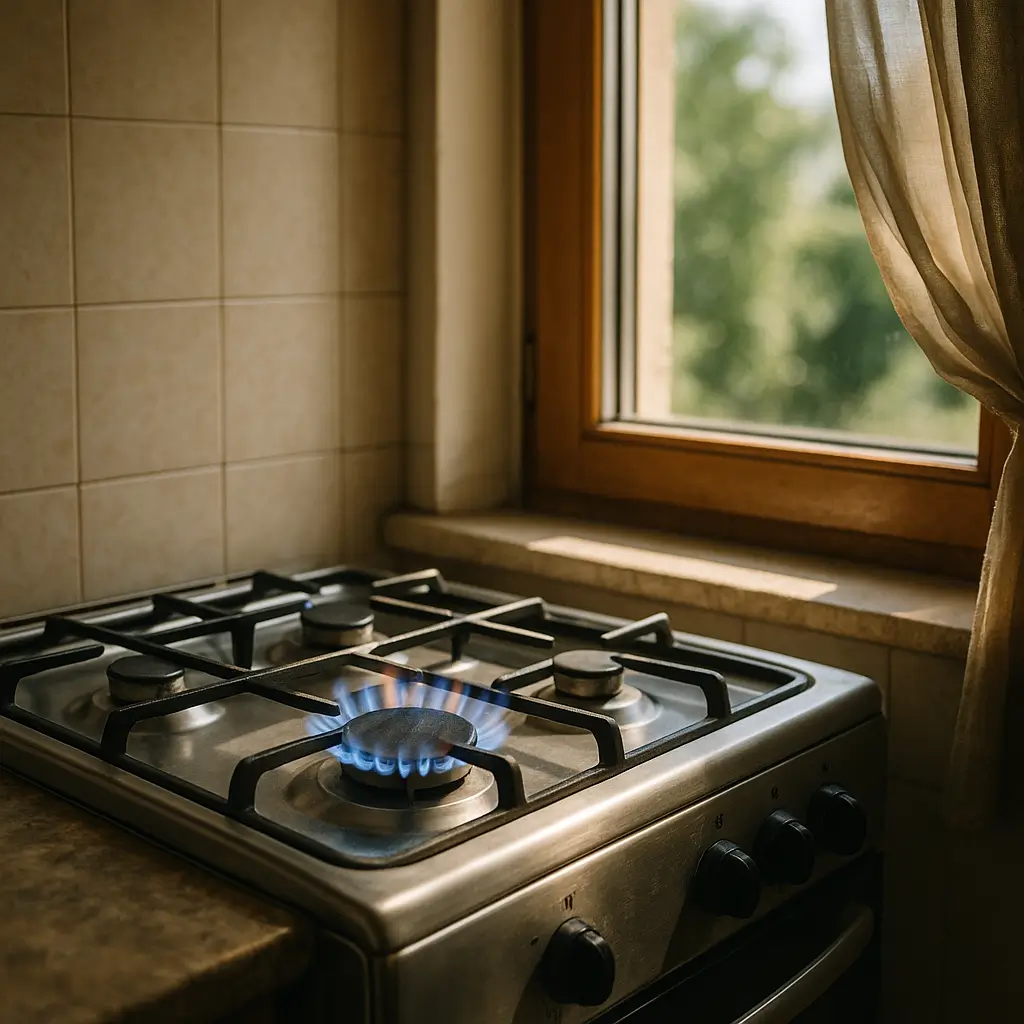 Fogão perto da janela: distância segura e riscos, chama azul em fogão inox ao lado da janela com cortina