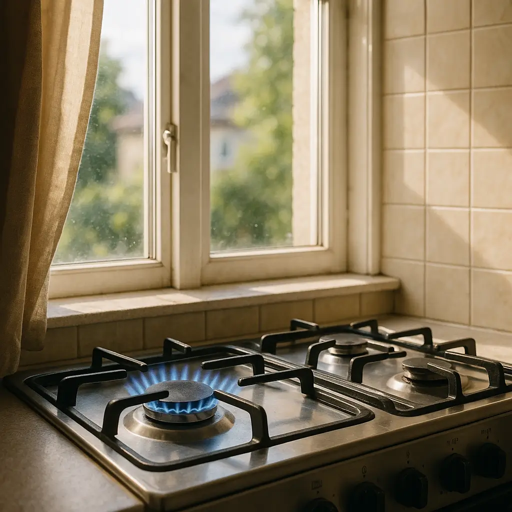Fogão perto da janela: distância segura e riscos, chama azul em fogão inox junto à janela com cortina