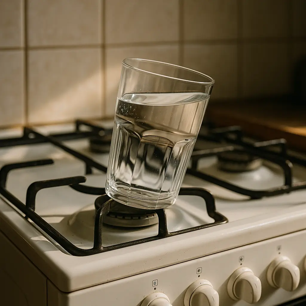 Forno assa torto: como nivelar e testar com copo d'água, copo com água inclinado sobre queimador do fogão