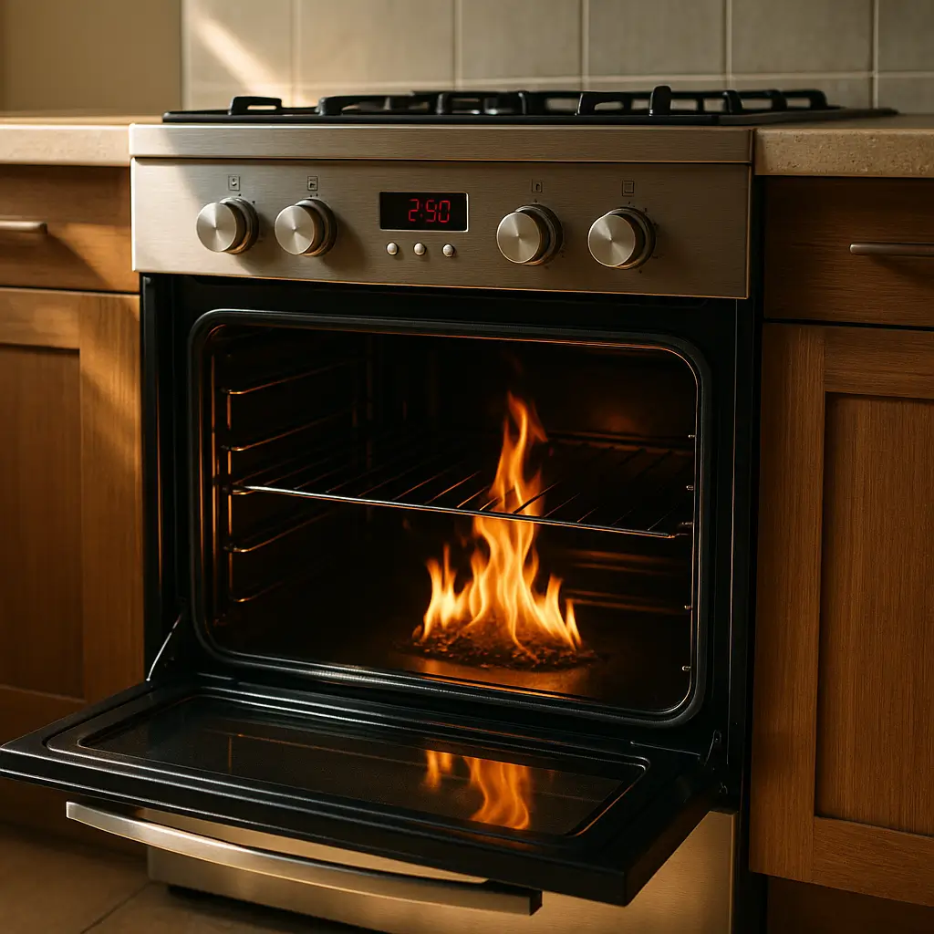 Forno novo precisa queimar antes do primeiro uso, chama alta no interior, porta aberta, painel digital 2:50