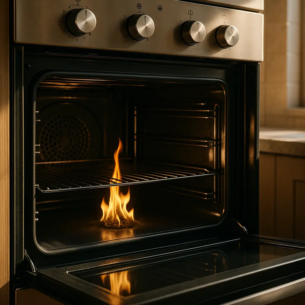 Forno novo precisa queimar antes do primeiro uso, chama central no interior, porta aberta, painel inox