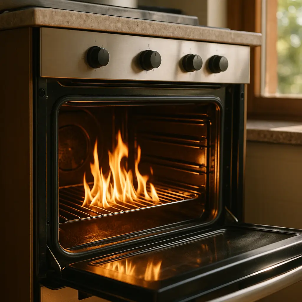 Forno novo precisa queimar antes do primeiro uso, chamas altas na grade, porta aberta