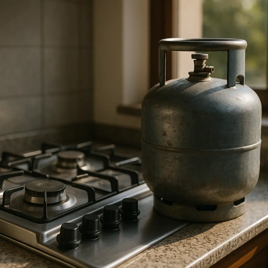 Gás encanado vs botijão: qual é mais barato em 2025? Botijão P13 na bancada ao lado de cooktop inox desligado