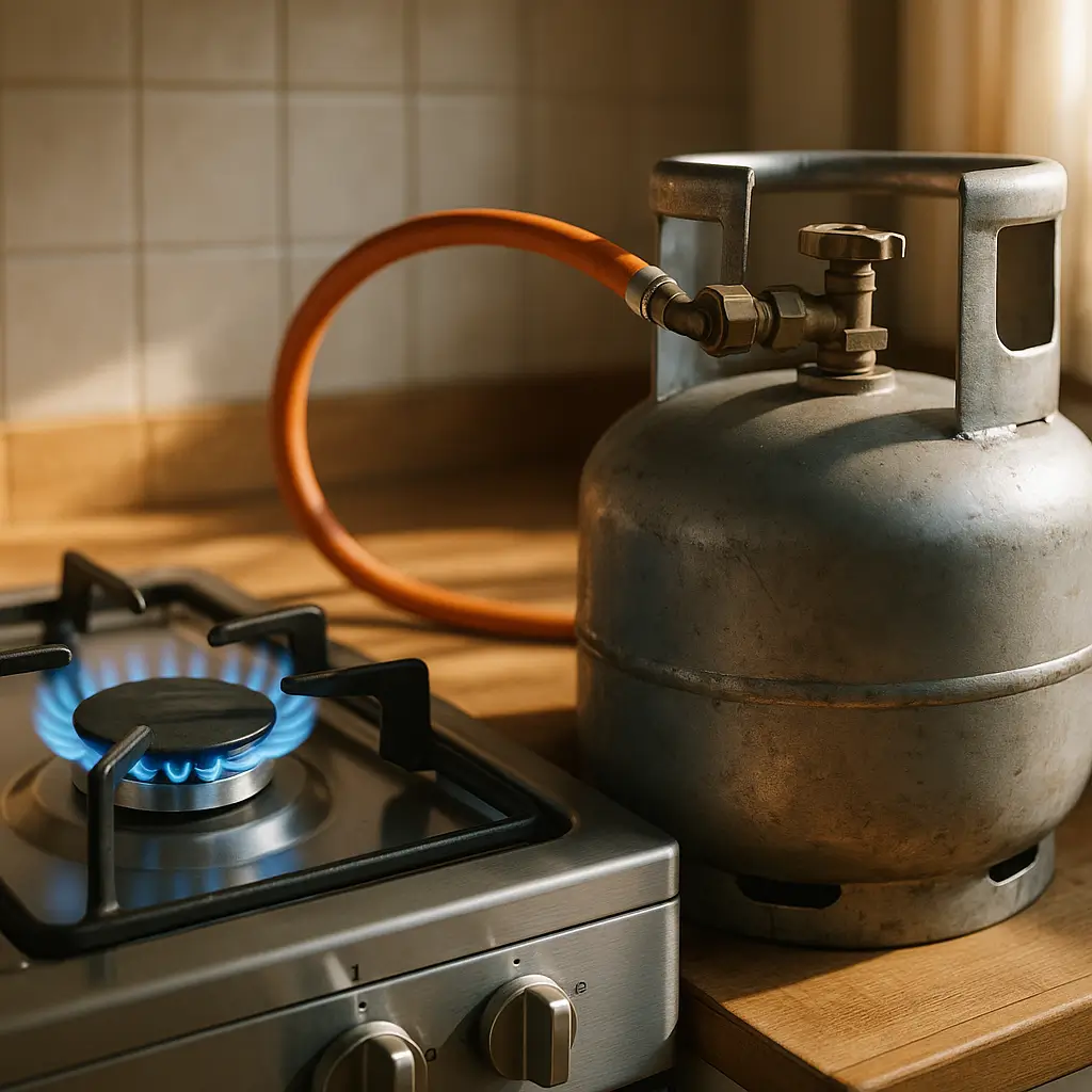 Gás encanado vs botijão: qual é mais barato em 2025? Fogão inox aceso e botijão P13 com mangueira laranja