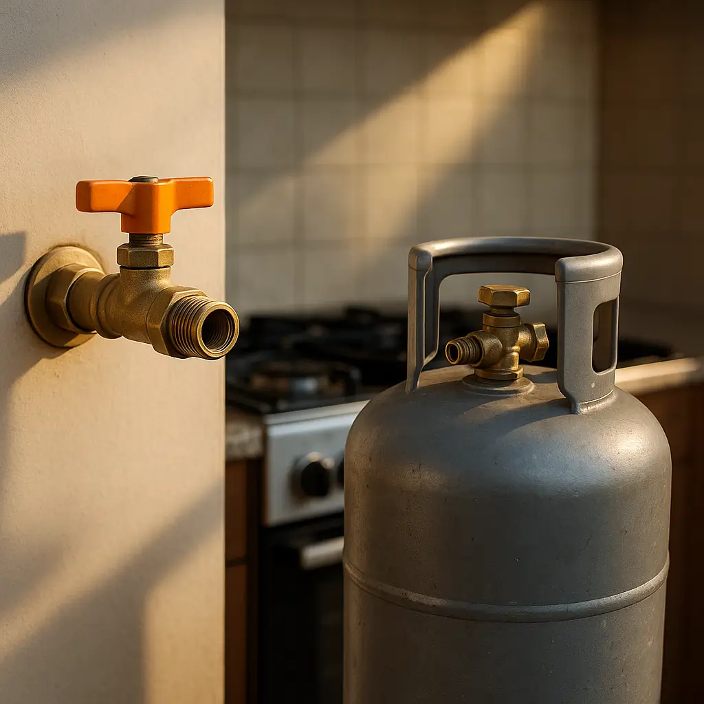 Gás encanado vs botijão: qual é mais barato em 2025? Registro de gás na parede e botijão P13 na cozinha