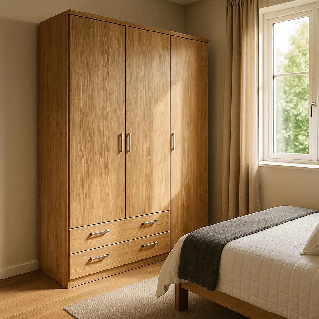 Guarda-roupa para quarto 2x3: medidas e circulação, guarda-roupa 3 portas com 2 gavetas ao lado da janela e cama