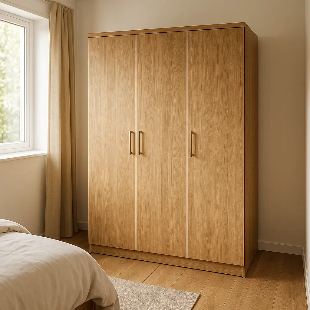 Guarda-roupa para quarto 2x3: medidas e circulação, guarda-roupa 3 portas junto à janela e cama