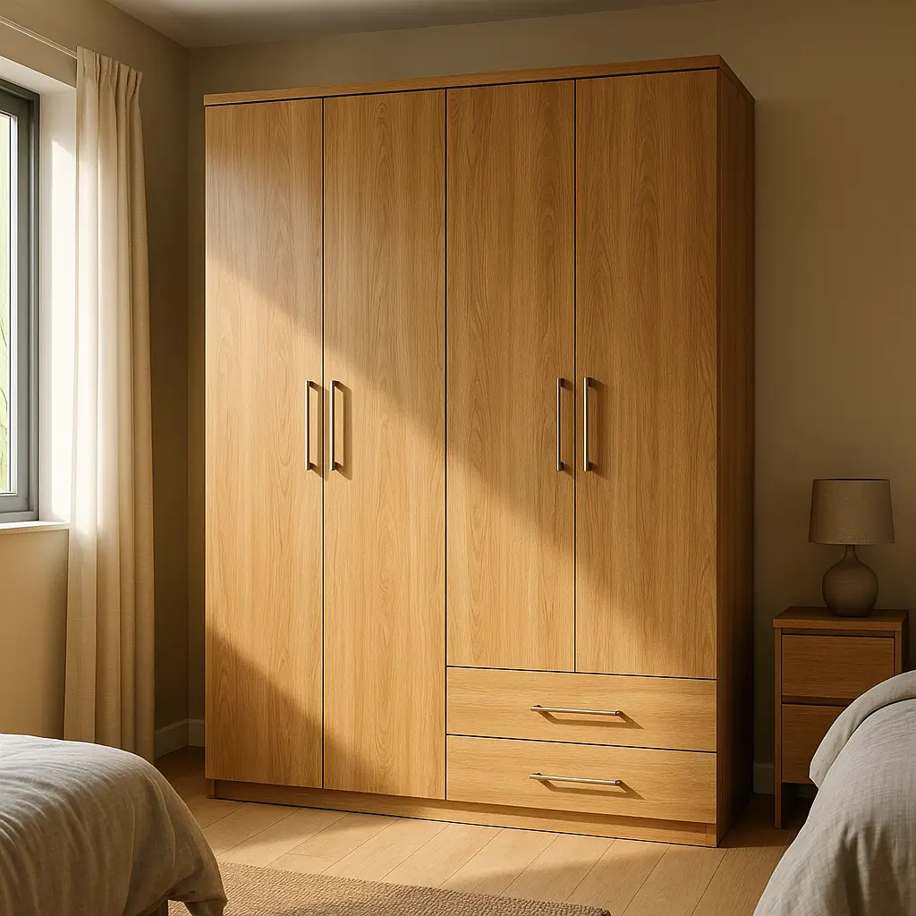 Guarda-roupa para quarto 2x3: medidas e circulação, roupeiro 4 portas com 2 gavetas perto da janela e criado