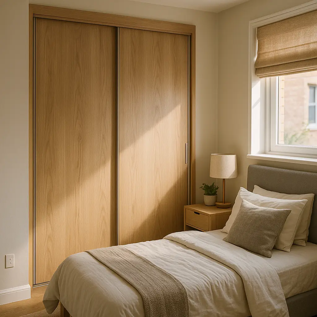 Guarda-roupa porta de correr ou bater em madeira clara ao lado da cama